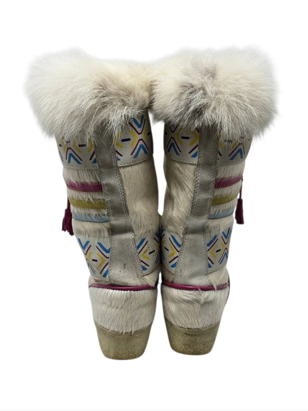 Vintage Tecnica Italy Cream Fur Après Ski Boots US 8.5 Southwestern Tassels
